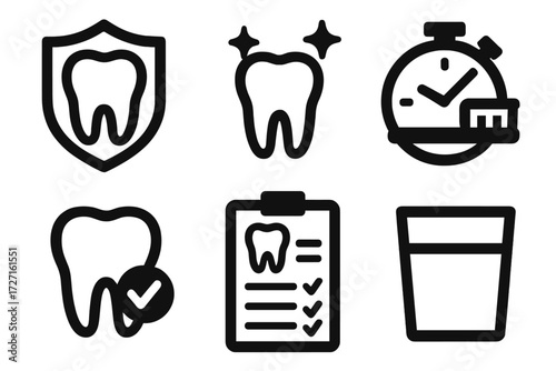 Preventive Dental Icons. Preventive Care silhouette set : shield with tooth, sparkling clean tooth, timer with toothbrush, cavity-free tooth,