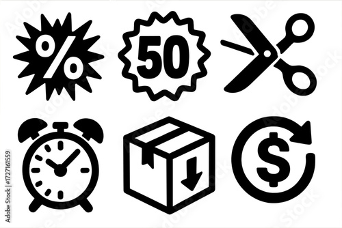 Bold Mega Sale Icons. Mega Sale Icons silhouette set : flashing percentage, big discount label, price cut scissors, limited time clock, clearance box,