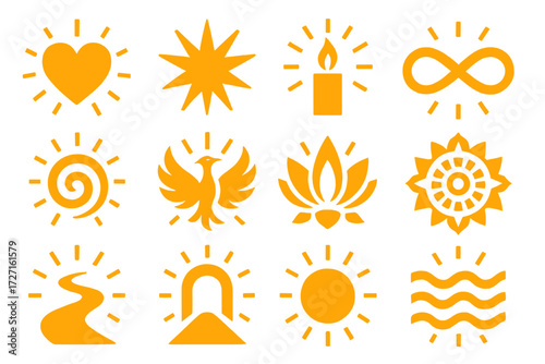 Brutalist Glowing Icons. Symbolic Evening Glow silhouette set : glowing heart, glowing starburst, glowing candle, glowing infinity, glowing spiral,