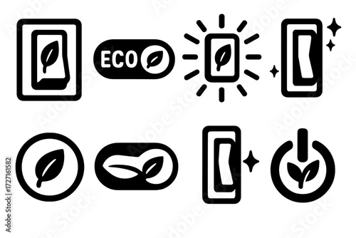 Eco Switch Icons. Eco Switch silhouette set : light switch with leaf, toggle switch with eco symbol, glowing eco switch, switch with sparkles, round