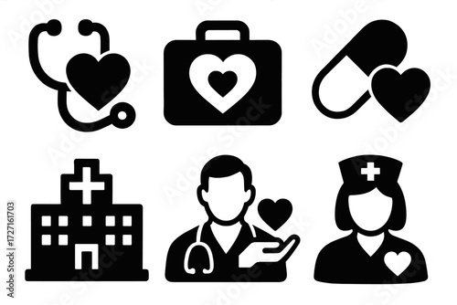 Medical Care Icons. Medical Care Symbols silhouette set : stethoscope with heart, first aid kit with heart, pill with heart, hospital building with