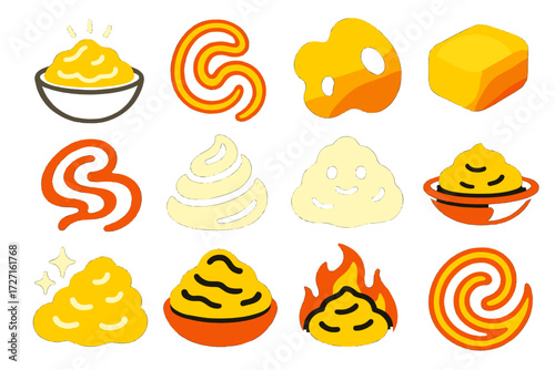 Mashed Potato Icons Collection. Creative Mashed Potato Icons silhouette set : glowing mashed potatoes bowl, neon potato swirl, abstract mashed