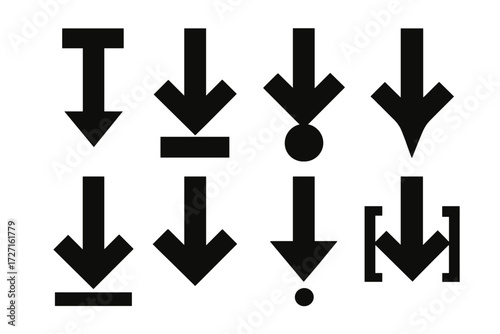 Bold Arrow Icons. Arrow Indicators silhouette set : arrow with bar top, arrow with bar bottom, arrow with circle, arrow with square, arrow with line,