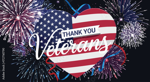 Thank You Veterans vector, patriotic heart, American flag fireworks, red white blue celebration, military appreciation, national pride, holiday tribute design