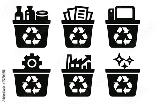 Brutalist Recycling Icons. Recycling Contexts silhouette set : recycling unit with bottles, recycling unit with cans, recycling unit with paper,