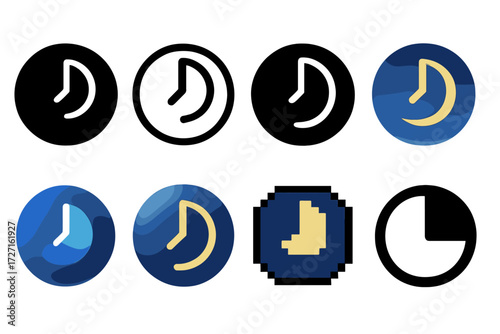 Midnight Icon Variations. Midnight Styles silhouette set : flat midnight icon, outline midnight icon, bold midnight icon, gradient midnight icon,