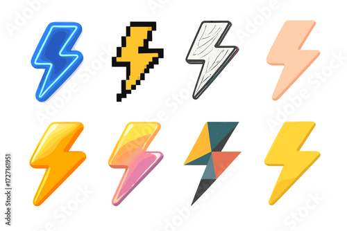 Electricity flat icon set. featuring lightning bolt, thunder, energy, charge, power source, voltage, and flash symbols