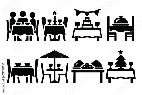 Bold Dinner Table Icons. Dinner Variations silhouette set : family dinner table, romantic dinner table, festive dinner table, formal dinner table,