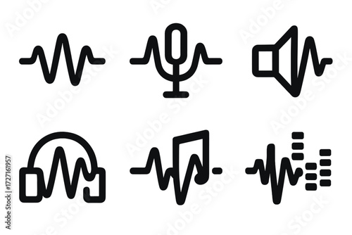 Audio Waveforms Icons. Audio Signal Waves silhouette set : waveform line, waveform with microphone, waveform with speaker, waveform with headphones,