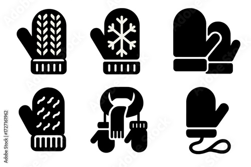 Brutalist Winter Mittens Icons. Winter Mittens silhouette set : knitted mitten, snowflake mitten, mitten pair, wool mitten, scarf and mittens, mitten