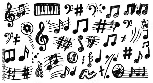 Hand-Drawn Musical Notation Collection with Treble Clef and Notes Variety