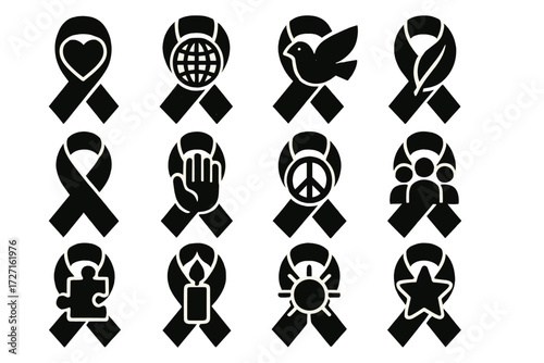 Awareness ribbon silhouette icon set. featuring heart, globe, bird, leaf, circle, hand, peace, group, puzzle, tag, sun, star symbols
