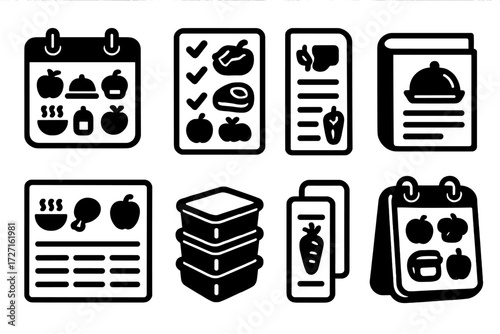 Meal Planning Icons. Basic Meal Planning silhouette set : calendar with meal icons, meal planner with checkboxes, weekly meal plan with food, recipe
