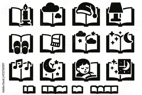 Bedtime Story Icons. Nighttime Bedtime Stories silhouette set : book with candle, book with dream bubble, book with sleeping cap, book with night lamp