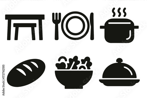 Brutalist Dinner Icon Set. Basic Family Dinner silhouette set : dining table, plate with cutlery, steaming pot, bread loaf, salad bowl, serving dish.