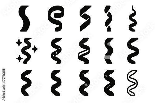 Streamers Icon Set. Party Stream Variations silhouette set : simple streamer ribbon, curled streamer, twisted streamer, hanging streamer, streamer