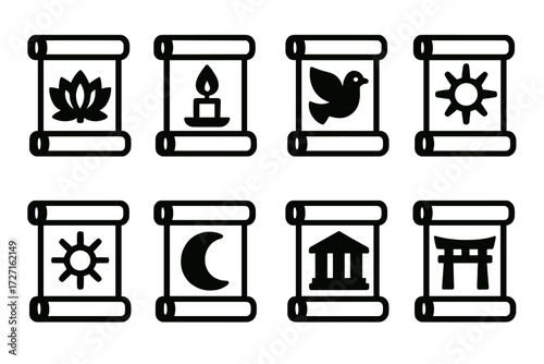 Cultural Scroll Icons. Cultural Context silhouette set : blessing scroll with lotus flower, blessing scroll with candle, blessing scroll with dove,