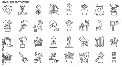 Line art icon set of garden elements and gardening tools with a clean design