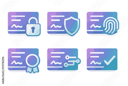 Secure Checkbook Icons. Secure Checkbooks set of icons in gradient flat : checkbook with lock, checkbook with shield, checkbook with fingerprint,