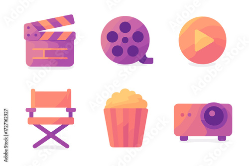Film Icons Collection. Film & Cinema set of icons in gradient flat : clapperboard, film reel, play button, director chair, popcorn, projector.