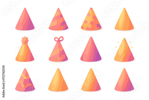 Party Hat Icons. Party Hat Variations set of icons in gradient flat : simple cone hat, striped party hat, polka dot party hat, solid color hat, party