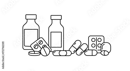 Minimalist Line Art Illustration of Medicines: Pills, Capsules, and Bottles
