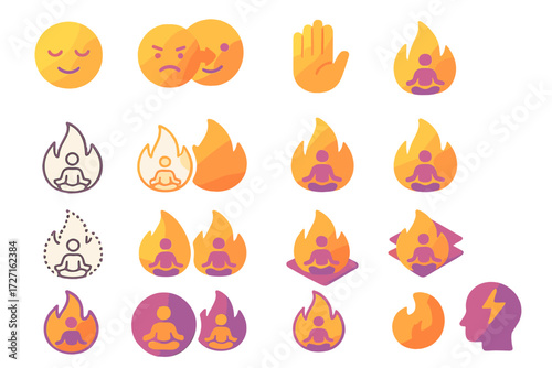 Anger Management Icons. Anger Management Basics set of icons in gradient flat : calm face icon, angry face turning neutral, hand with stop gesture,