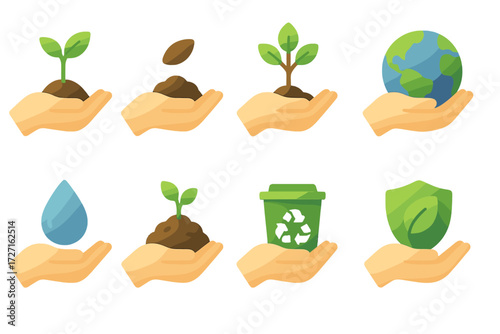 Eco Hand Icons. Sustainability & Growth set of icons in gradient flat : eco hand with seed, eco hand with soil, eco hand with tree planting, eco hand