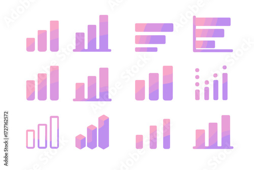 Diverse Bar Chart Icons. Bar Chart Variations set of icons in gradient flat : simple bar chart, vertical bar chart, horizontal bar chart, stacked bar