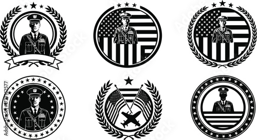 Veterans Day emblem set, military silhouettes, American flag insignia, laurel wreath design, patriotic black and white vector, honor and service tribute