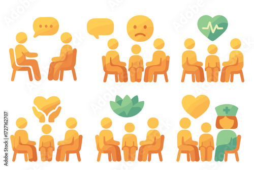 Therapy and counseling 3d icon set. featuring conversation, support, mental health, family, group, and wellness symbols