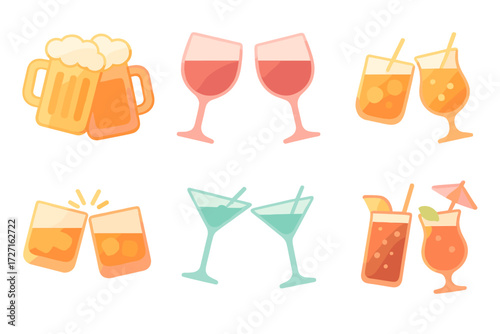 Cheerful Drink Icons. Drink Variations set of icons in gradient flat : beer cheers, wine cheers, champagne cheers, cocktail cheers, whiskey glass