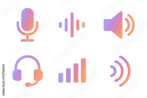 Audio Element Icons. Classic Voice Icons set of icons in gradient flat : microphone, sound wave, speaker, headset, volume bars, echo lines.