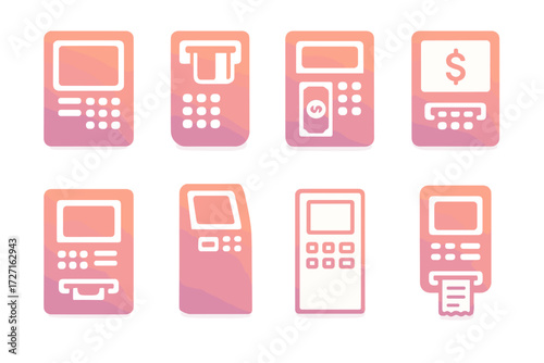 ATM Icon Set. Basic ATM Machines set of icons in gradient flat : classic ATM with screen, ATM with keypad and card slot, ATM with cash dispensing, ATM