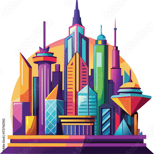 Vibrant abstract cityscape with geometric icon isolated on white transparent background vector eps png jpg business people clipping path cutout 2025 2026 4k full hd poster banner label download