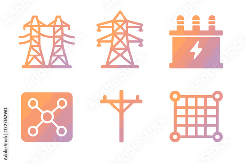 Gradient Energy Icons. Classic Energy Grid set of icons in gradient flat : power lines, transmission tower, electrical substation, grid map with nodes