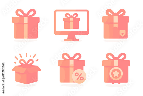 E-commerce Gift Icons. E-commerce Packaging set of icons in gradient flat : delivery gift box, online order gift, shipping parcel gift, surprise box,