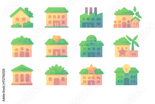 Green Roof Icons. Event Green Roofs set of icons in gradient flat : residential green roof, commercial green roof, industrial green roof, school