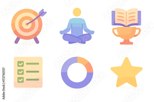 Personal Growth Icons. Personal Development set of icons in gradient flat : fitness target, meditation goal, study achievement, daily habit tracker,