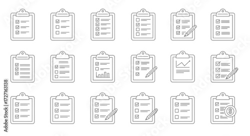 Various check list and clipboard symbols representing task completion, planning, and organization
