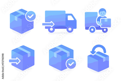 Shipping Status Icons. Tracking & Status set of icons in gradient flat : order confirmed, in transit, out for delivery, delivered box, return package,