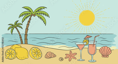 Tropical beach vacation illustration with palm trees, cocktails and summer vibes