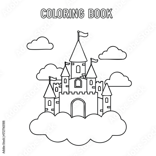 A whimsical castle surrounded by fluffy clouds, perfect for a creative coloring book activity for all ages.