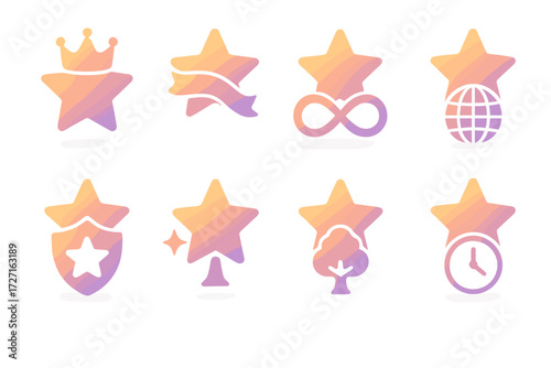 Symbolic Wishing Stars. Symbolic Wishing Stars set of icons in gradient flat : wishing star with crown, wishing star with crown and ribbon, wishing
