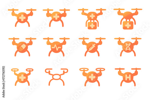 Medical Drone Icons. Medical Drone Variations set of icons in gradient flat : simple drone with cross, quadcopter with red cross, drone carrying first