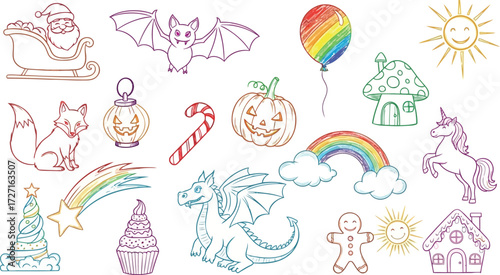 Vector art of whimsical collection of handdrawn illustrations featuring fantasy creatures and holiday symbols