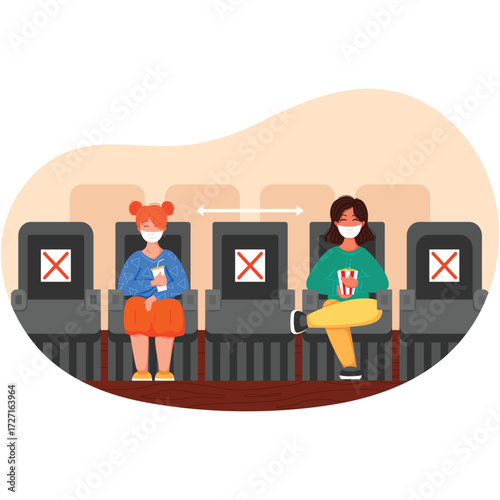 People in face mask keep distance at cinema vector