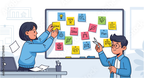 Creative collaboration in the office: two team members arrange sticky notes to brainstorm ideas and create a cohesive project