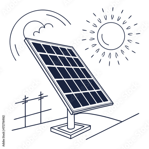 Hand drawn illustration of a solar panel capturing sunlight from a sketched sun and generating clean energy