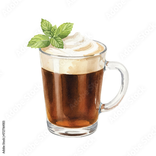 Watercolor Vector of Irish Coffee Cocktail with Cream Topping on White Background